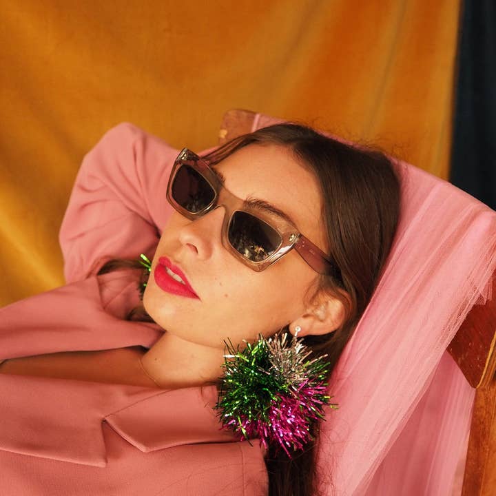 Fat Pom Poms - Wholesale Dangle Earrings - Green, Pink & Silver Tinsel Pom Pom Earrings - Pom Poms - Christmas Fall Jewelry5