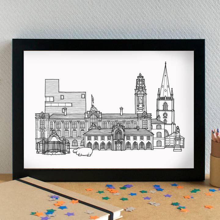 Walsall Skyline Landmarks Art Print - unframed for wholesale by Becka Griffin Illustration