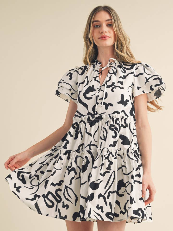 EXCLUSIVE PRINT RUFFLE SLEEVE BABYDOLL MINI DRESS MDR2984 for wholesale by &MERCI