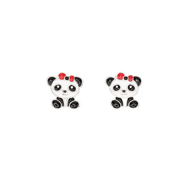 Panda Enamel Post Stud Earring Animal Red Bow Children Gift for wholesale by Rebecca Accessories LLC