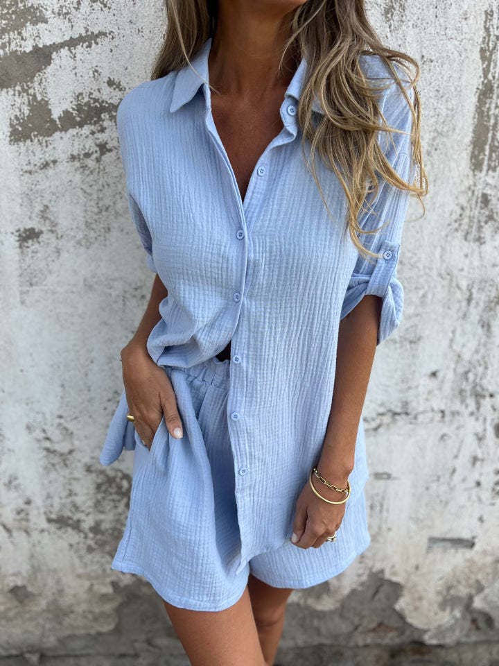 HIDDENBRAND - Wholesale Top & Short Set (NOT Loungewear) - Women's - Chic Effortless Button-Down Shirt & Shorts Set