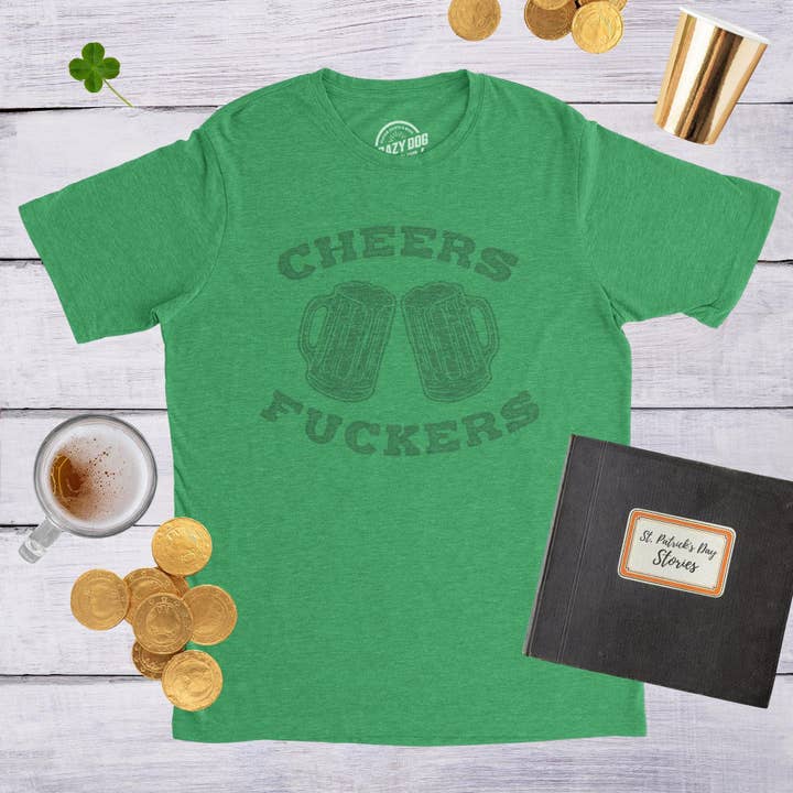 Vert chiné T-shirts amusants Cheers Fuckers pour la Saint-Patrick pour hommes en vente sur Faire1
