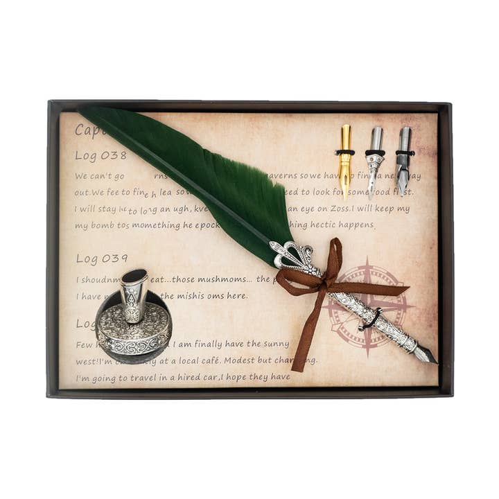 Quill Pen Gift Set With Pen, Stand & 3 Nibs-Green for wholesale by Mad Witch Ltd