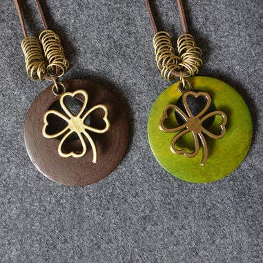 MoodGold - Wholesale Pendant/Charm Necklace - Vintage Wood Four Leaf Clover Necklace2