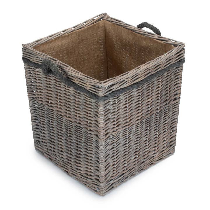Red Hamper - Wholesale Basket - Wicker Grey Wash Square Hessian Lined Log Basket