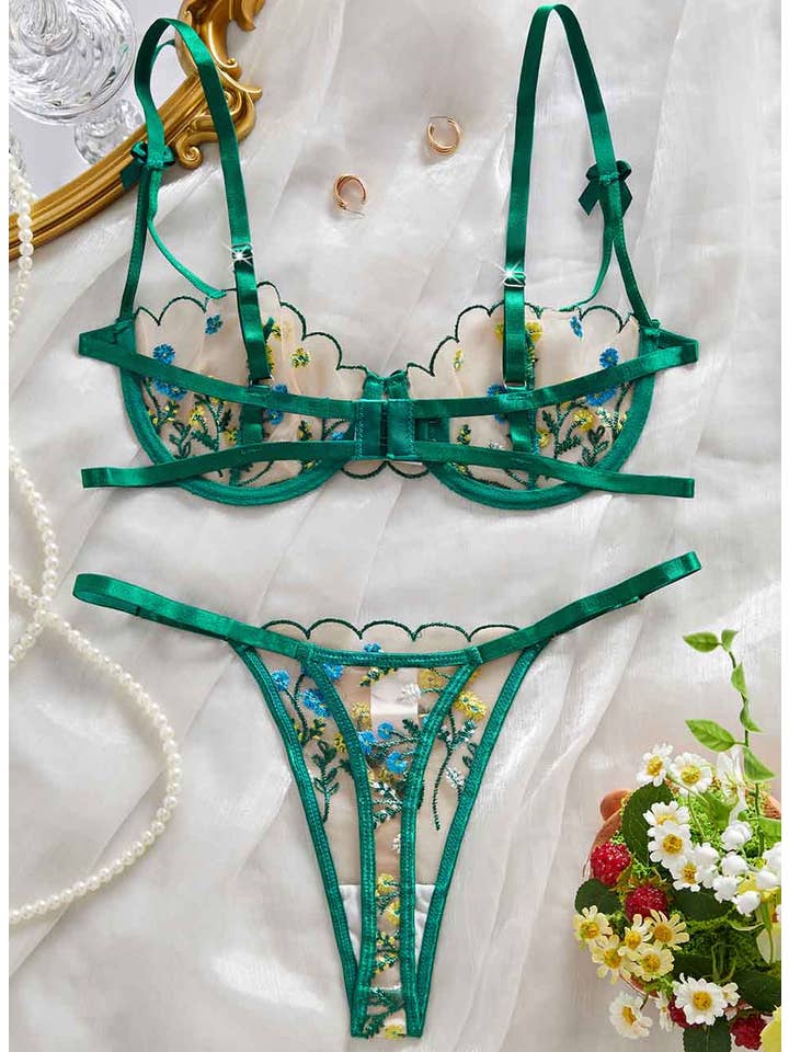 Green Ladies Sexy Multicolor Embroidery Bow Lingerie Set for wholesale on Faire1