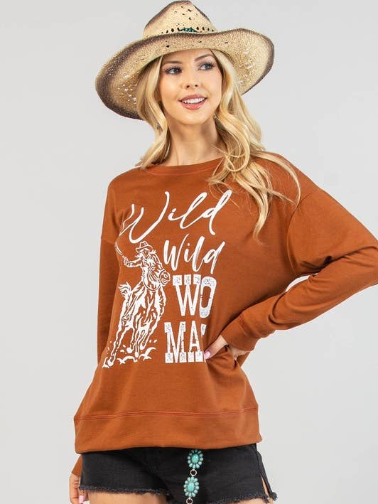 KC035-LOREE WESTERN WILD WOMAN VINYL GRAPHIC SWEATSHIRT for wholesale by Avery