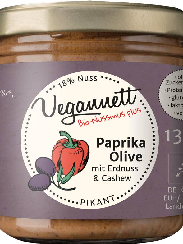 Biologische peper/olijfspread met pinda voor wholesale door Vegannett Biomanufaktur