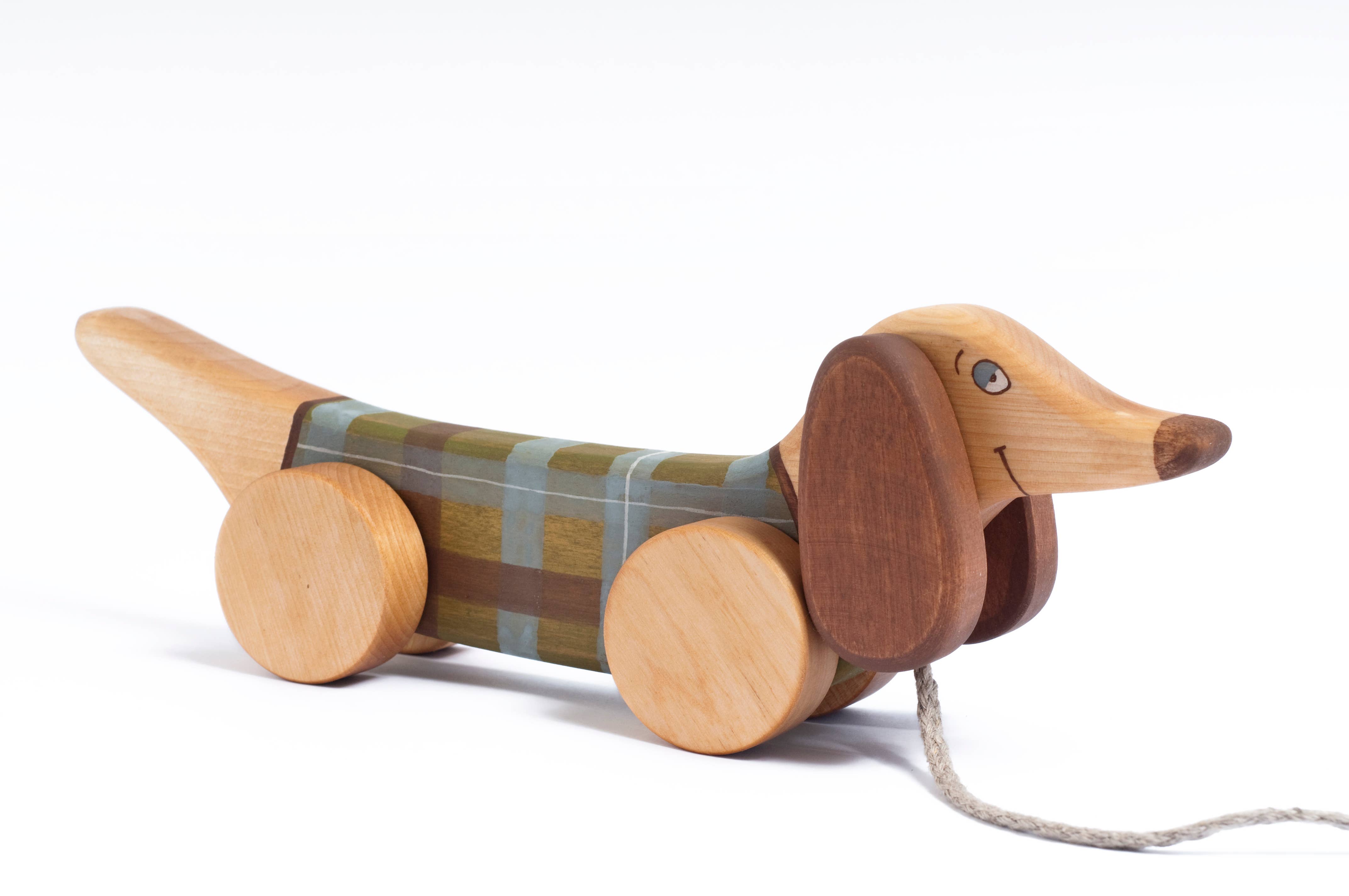 Friendly Toys - Wholesale Wood Toy - Kids - Handcrafted Birch Wood Green Sausage Dog Pull Toy 1