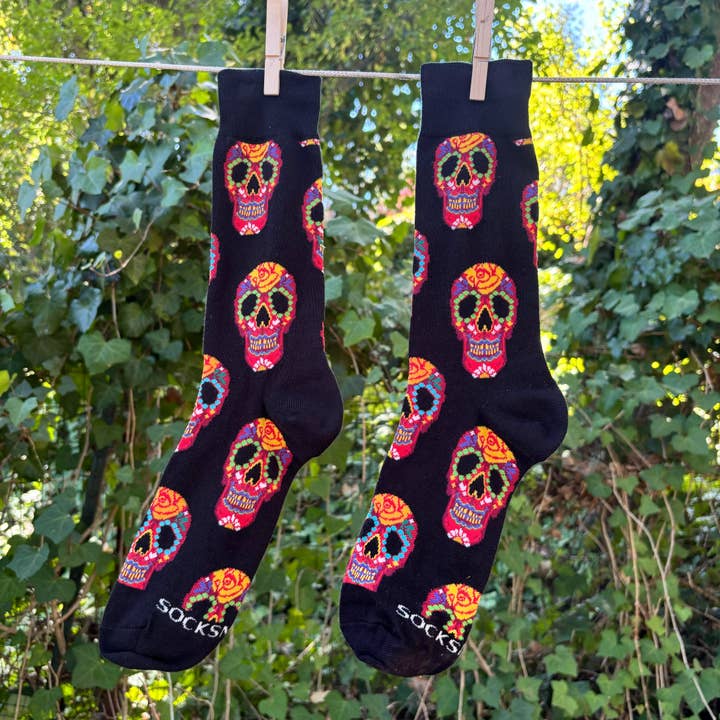 Mexican Sugar Skull - Vendita all'ingrosso Calzini - Uomo - Calzino da uomo - Nero con teschi rossi1