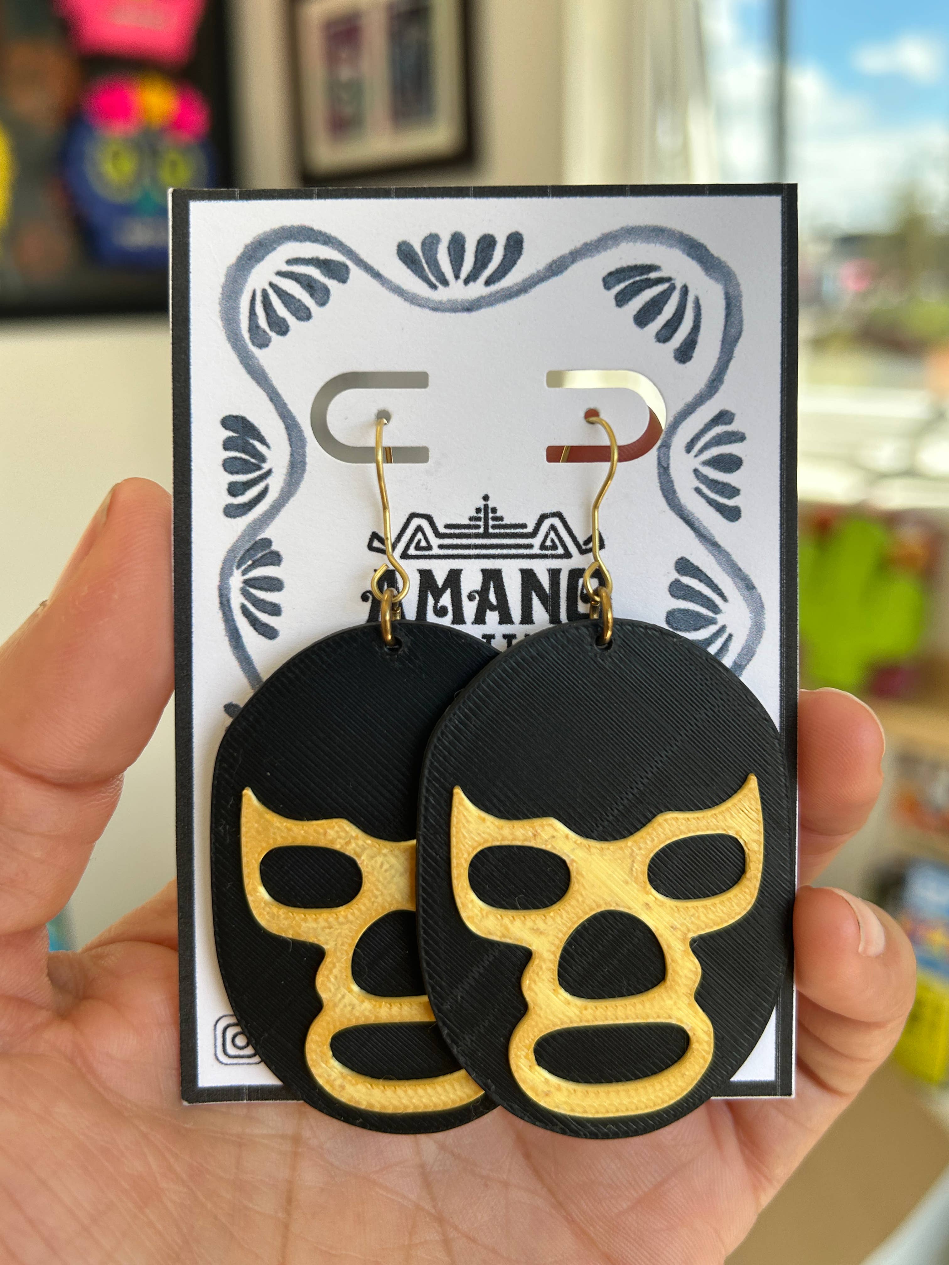 Amano Seattle - Vente Boucles d'oreilles pendantes - Boucles d'oreilles Luchador imprimées en 3D noir/doré