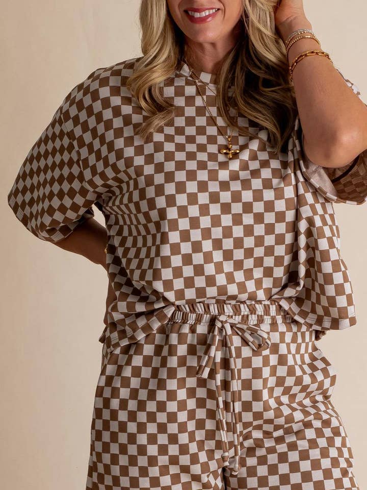 Rosa Clothing - Wholesale Top & Short Set (NOT Loungewear) - Women's - checkered crewneck half sleeve tee top & boxer short set1