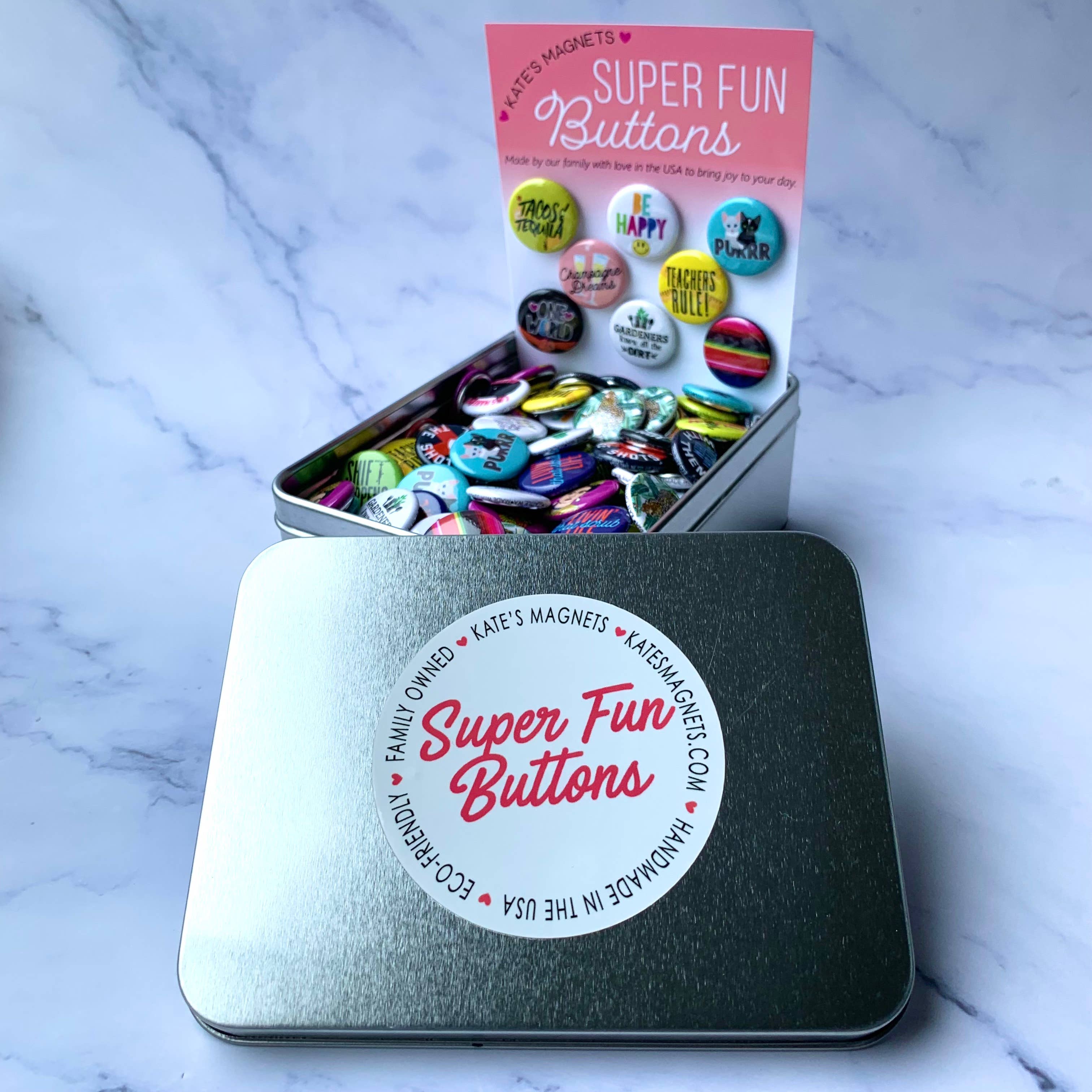 Kate's Magnets - Wholesale Lapel Pin/Button - Assorted Button Tin of 200 1" Buttons1