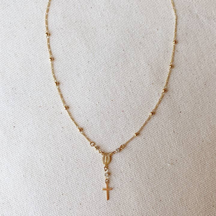 GoldFi - Wholesale Prayer Beads Necklace - 18k Gold Filled Rosary Ball Chain and Small Plain Cross Conf