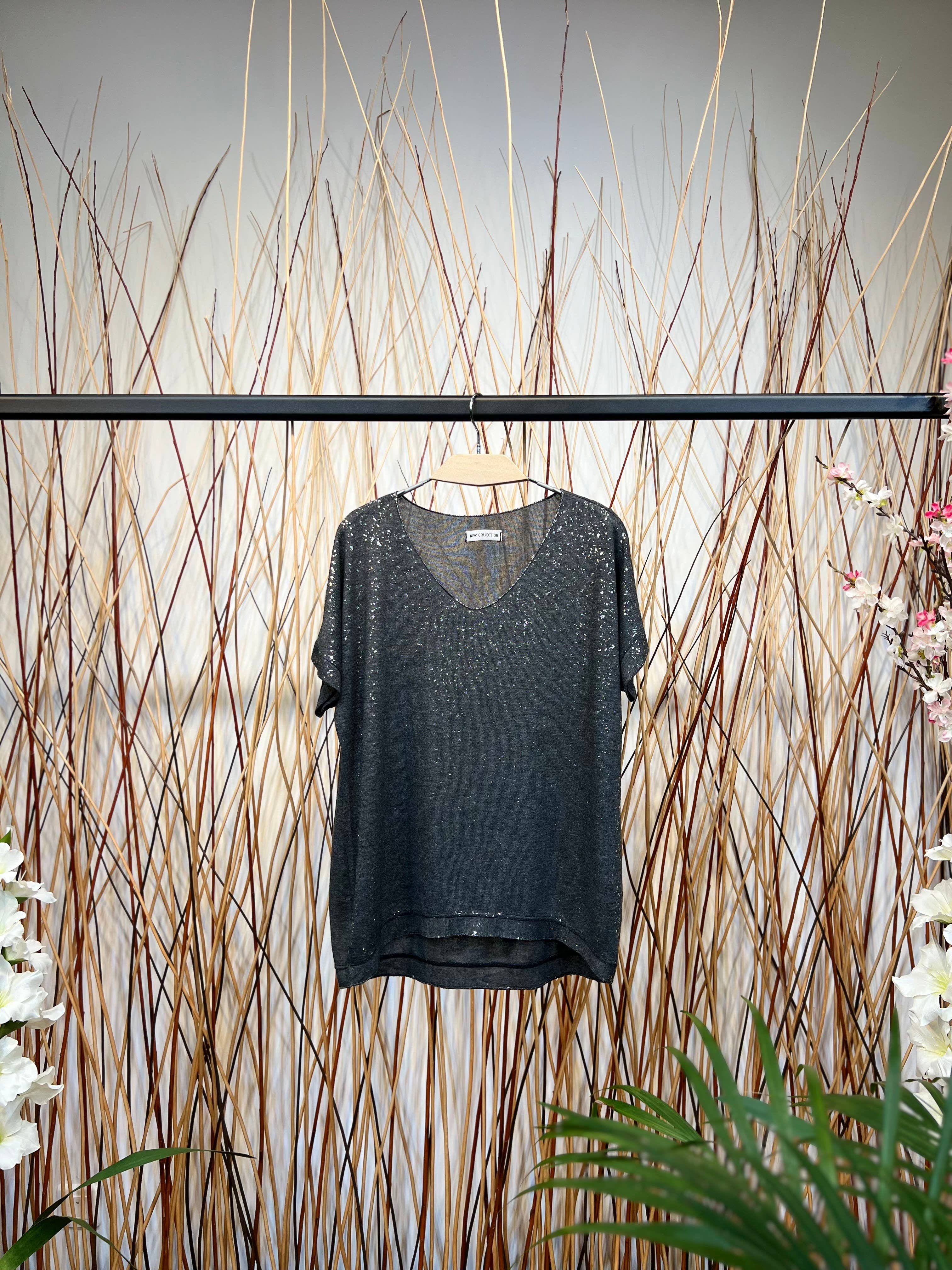 L'Emotion - Wholesale T-Shirt - Women's - Silver Glitter Decoration V-Neck Short Sleeve T-Shirt0