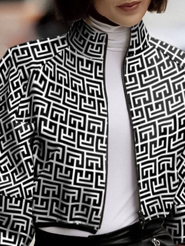 RED Loose Puff Sleeves Printed Stand Collar Outerwear for wholesale on Faire3