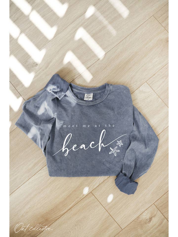 OAT COLLECTIVE - Wholesale Screen Printed T-Shirt - Women's - MEET ME AT THE BEACH Mineral Washed Long Sleeve Graphic 5