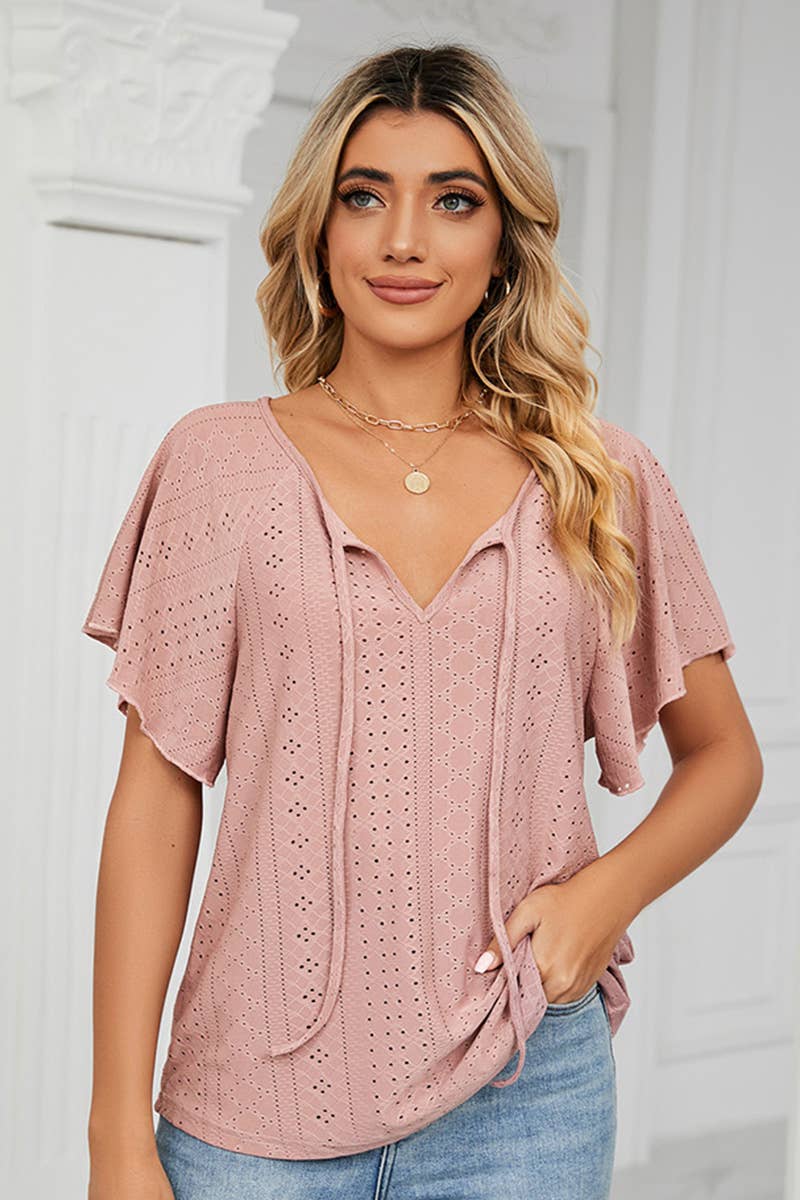 Lily Clothing - Wholesale Blouse - Women's - CWTTS0472_V NECK PUNCHING LACE UP RUFFLE LOOSE TOP12