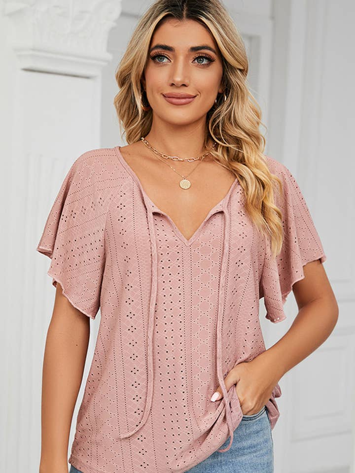 Lily Clothing - Wholesale Blouse - Women's - CWTTS0472_V NECK PUNCHING LACE UP RUFFLE LOOSE TOP12