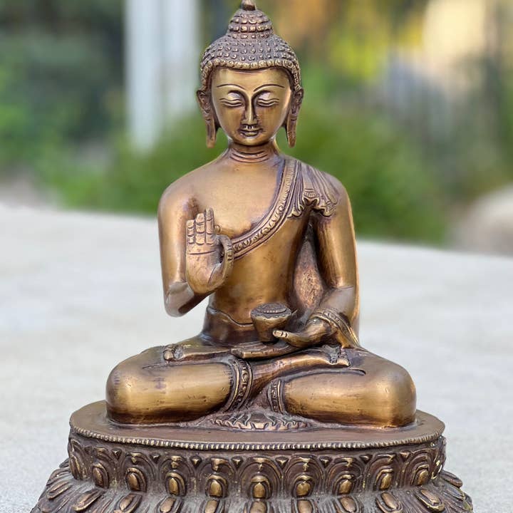 Lungta Imports - Wholesale Sculpture - Blessing Buddha Statue Solid Antique Brass for Home Altar Shrine Meditation Room 10 Inches Tall0