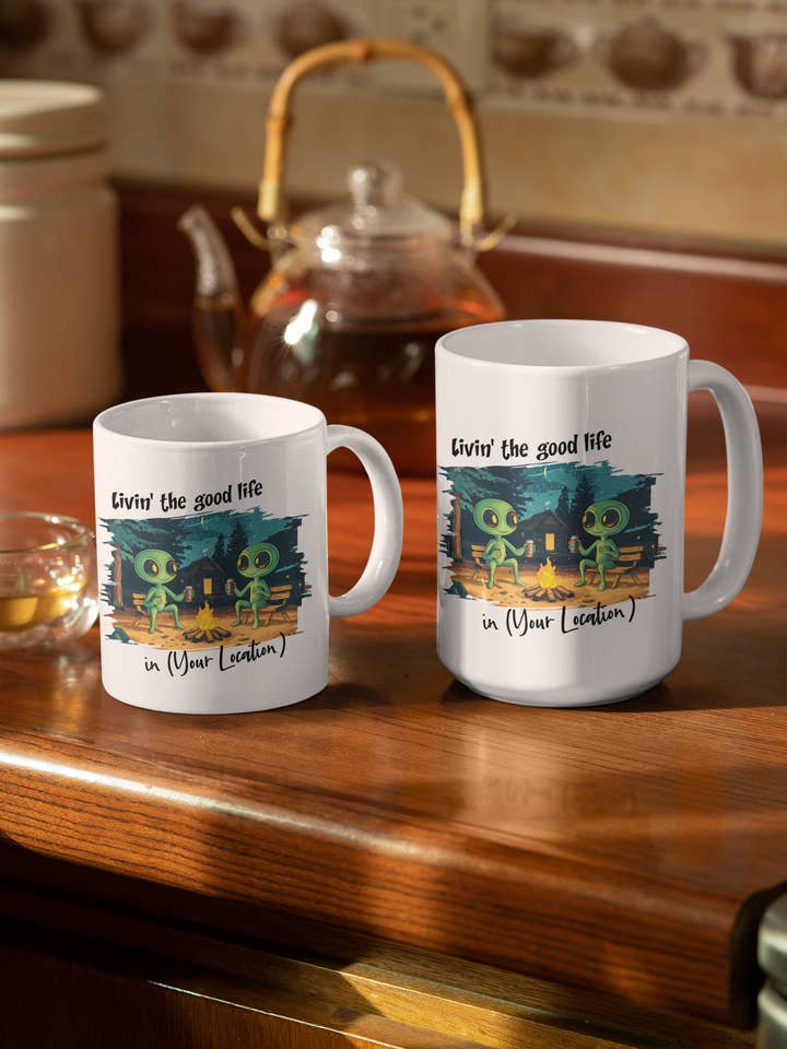 Summer campfire alien mug - customize location - 11 or 15 oz for wholesale by Zombie Paws