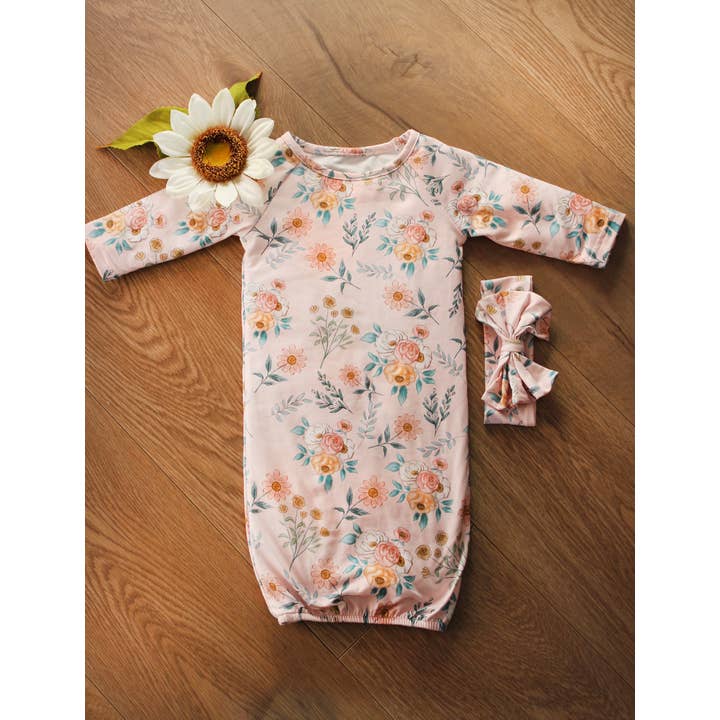 Adorable Sweetness - Wholesale Babygown Set - Baby - Infant Girls Pink Botanical Baby Gown and Bow Headband
