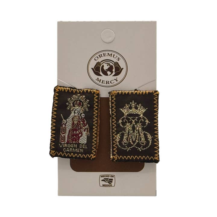 Oremus Mercy - Vendita all'ingrosso Collane a grani - Scapolare marrone con immagine della Madonna del Monte Carmelo 3,8 x 2,5 cm2