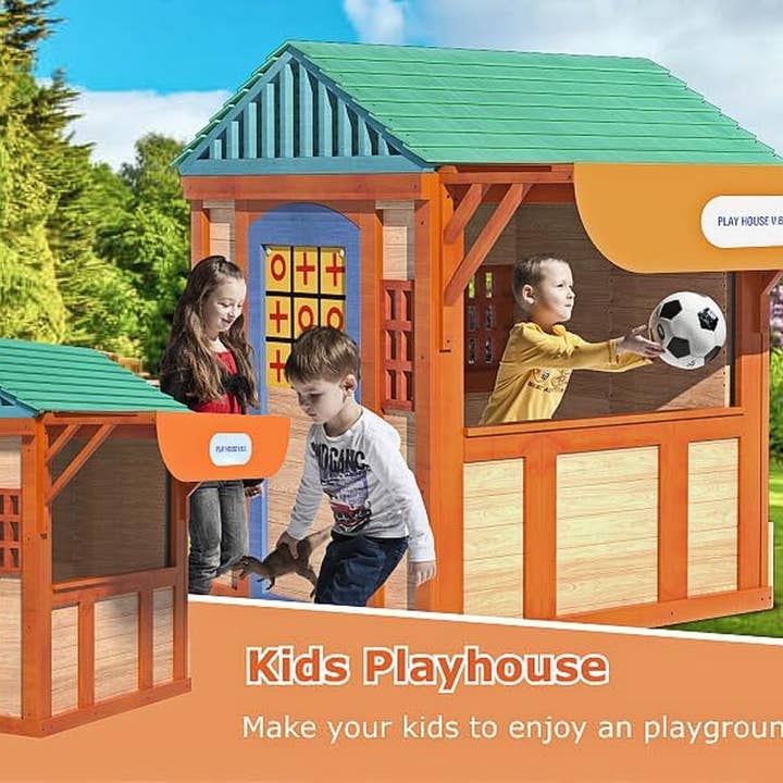 ShipItFurniture - Wholesale Wood Toy - Kids - Outdoor Playhouse for Age 3-8 Years Boy Girl, Wooden Cottage Playhouse with 4 Game Awning Window, Ball Wall & Tetris. Play House for Outdoor Garden, Lawn, Patio, Yard.