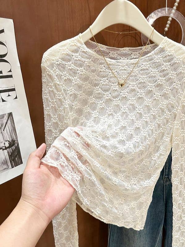 Rosa Clothing - Wholesale T-Shirt - Women's - Sheer Mesh Diamond Floral Lace Layering Fitted Crew Top14