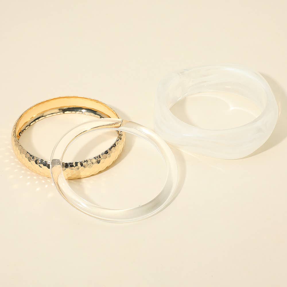 Sensibling Corp. – Großhandel Schmucksets – 3PCS - Chunky abstrakte Harz gehämmerte Metallarmreif mehrschichtige Armbänder7