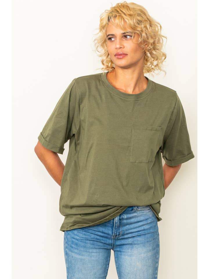 Elloh Collection – wholesale T-shirt – women's – Round Neck Boyfriend Fit Cotton T-Shirt with Front Pocket8