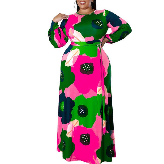 pinkblu02 - Wholesale Dress - Women's - Women Plus Size Long Sleeve Floral Print Round Neck Dress9