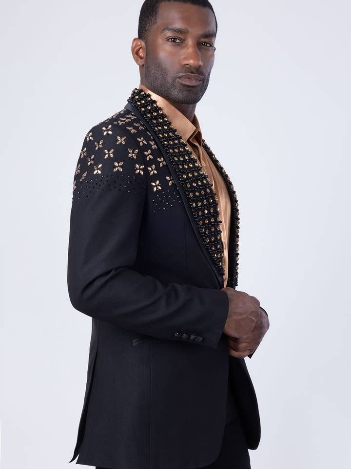 BARABAS - Wholesale Blazer - Men's - Men's Floral Rhinestone Shawl Lapel Blazer 4EBL4618
