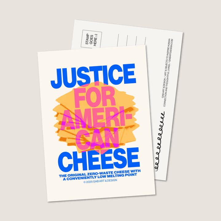 justice for american cheese postcard print for wholesale by Gab Art & Design