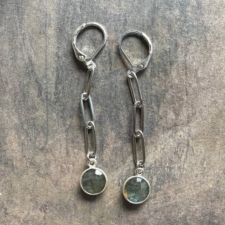 Silver Paper Clip Chain Earrings with Labradorite Charms for wholesale by Carley King Jewels
