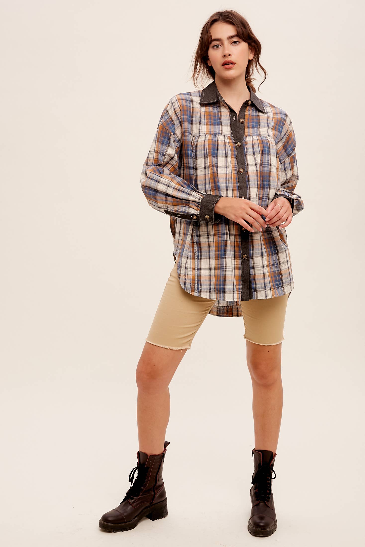 Listicle - Wholesale Button Down Shirt - Women's - Mixed Plaid Oversized Button-Down Shirt LJ02058