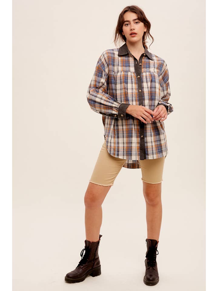 Listicle - Wholesale Button Down Shirt - Women's - Mixed Plaid Oversized Button-Down Shirt LJ02058