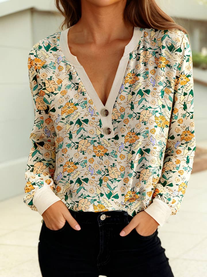 Floral Print Button Notched V Neck Long Sleeve Top for wholesale by 1 the Woman