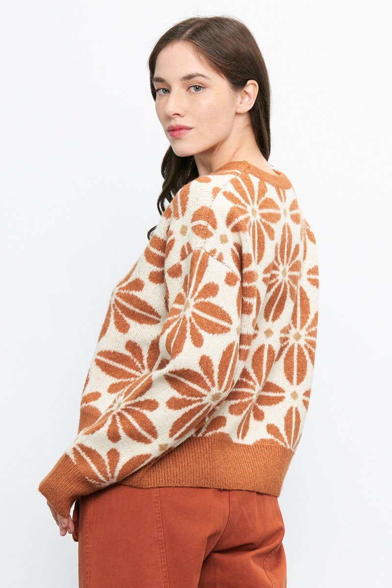 Newbury Kustom - Wholesale Knit Sweater - Women's - 11163-Floral Pattern Crew Neck Sweater6