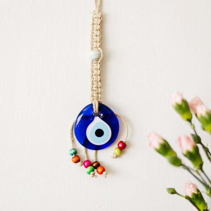 Flax Yarn Knitted 2" inches Evil Eye Glass Wall Hanging Deco for wholesale by CRETE TRADING INC