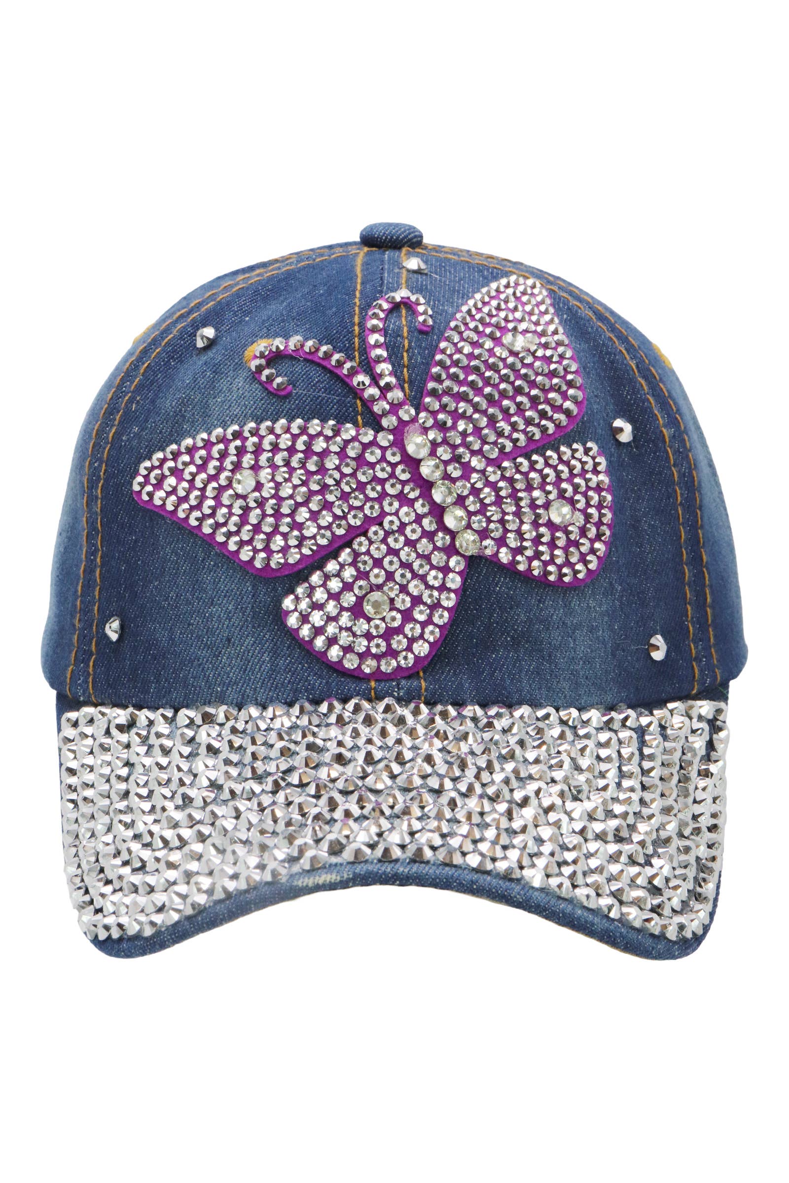 Cap Zone - Wholesale Baseball Cap - Women's - Butterfly Bling Rhinestone Denim Blue Baseball Cap7