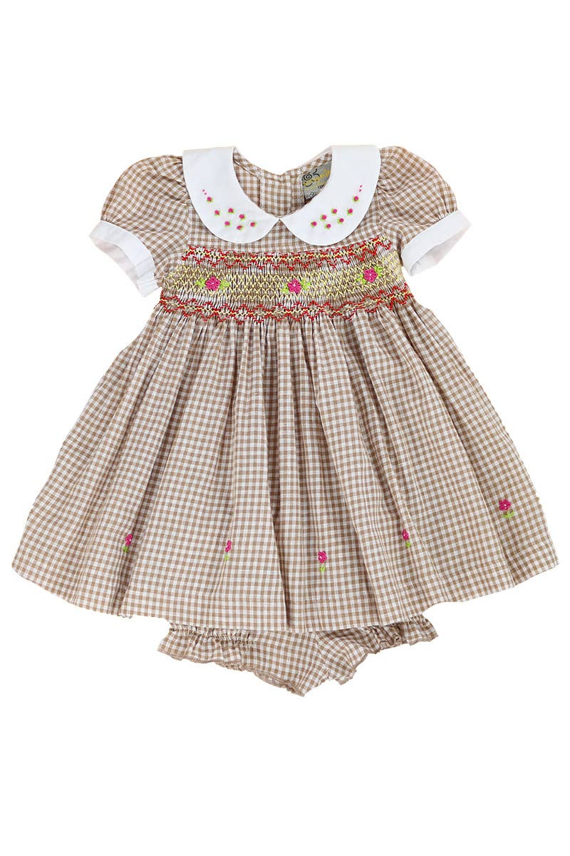 SISSYMINI - Vente Robe – bébé - Robe vichy brune smockée à la main pour bébés et tout-petits3
