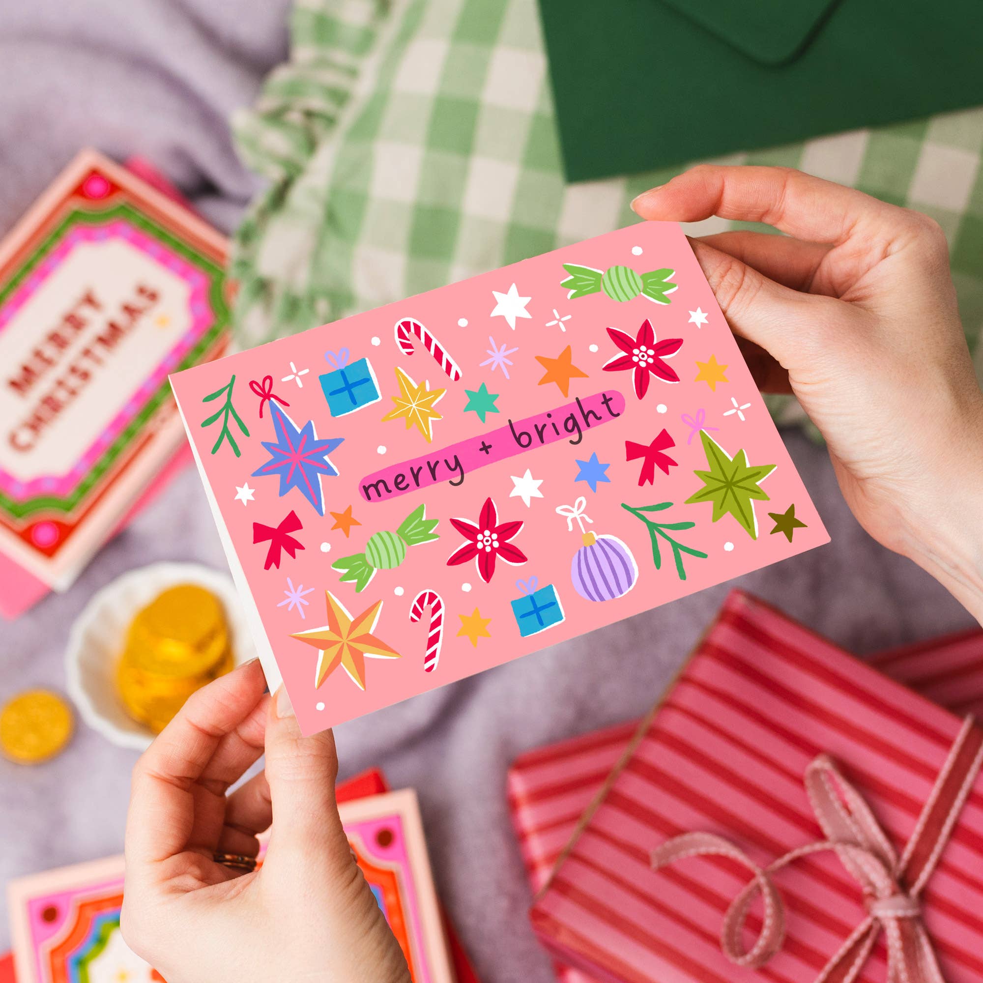 Natalie Lea Owen – Handmade Jewellery & Greeting Cards – wholesale Christmas card – "Merry and Bright" Christmas Card | Hand Drawn Card Pink2