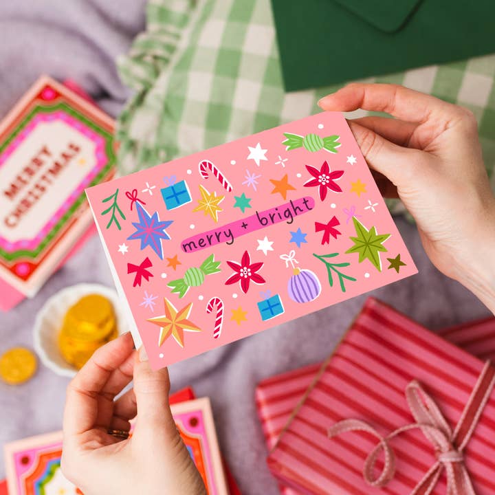 Natalie Lea Owen – Handmade Jewellery & Greeting Cards – wholesale Christmas card – "Merry and Bright" Christmas Card | Hand Drawn Card Pink2