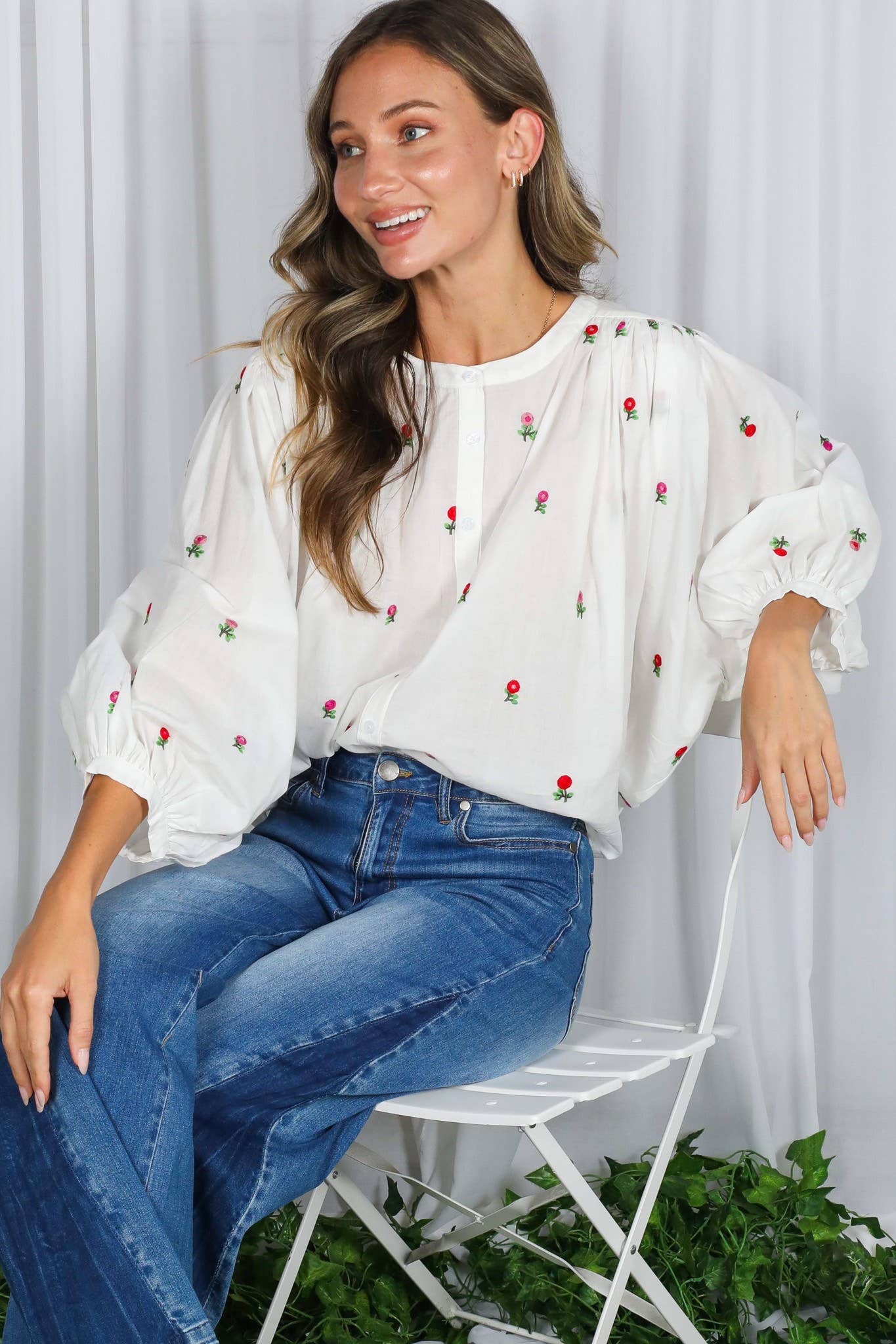 Off White English Ross Embroidered Draped 3/4 Sleeve Blouse VT82897 for wholesale on Faire14