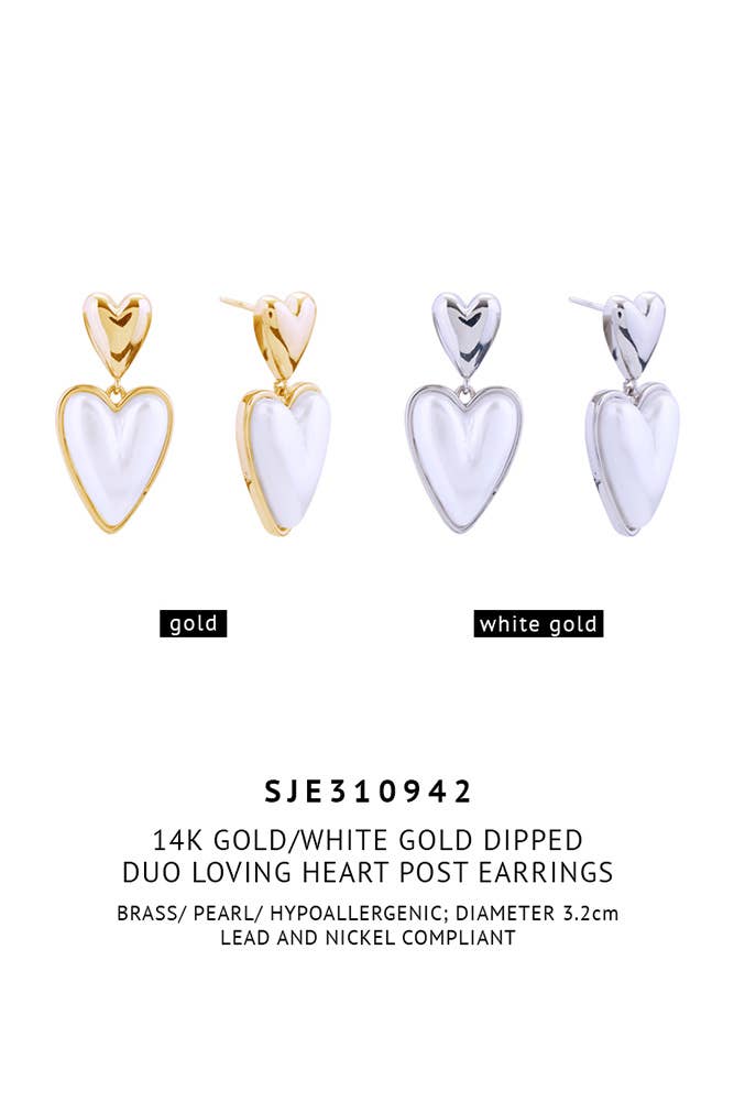 Hana – wholesale Hängande örhängen – 14K Duo Loving Heart Post Örhängen2