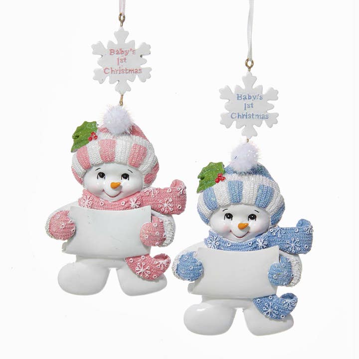5.25" BABY'S 1ST CHRISTMAS SNOWMAN ORNAMENT 2/A for wholesale by Kurt S. Adler, Inc.