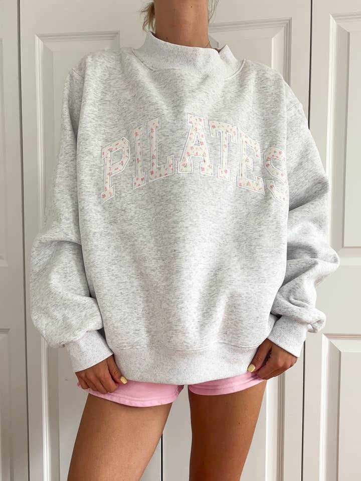 Pearl Grey Mockneck Pilates Embroider Sweatshirt for wholesale on Faire7
