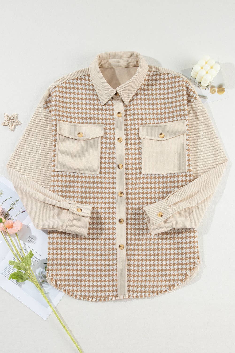 Parchment Houndstooth Corduroy Patchwork Flap Pocket Shacket for wholesale on Faire5