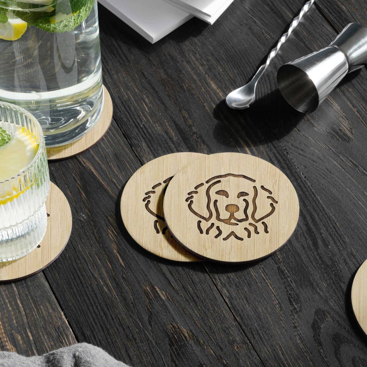 Rudderr, LLC/MintBucket - Wholesale Coasters - Set of 6 Bamboo Engraved Dog Coasters w/Holder - Retriever3